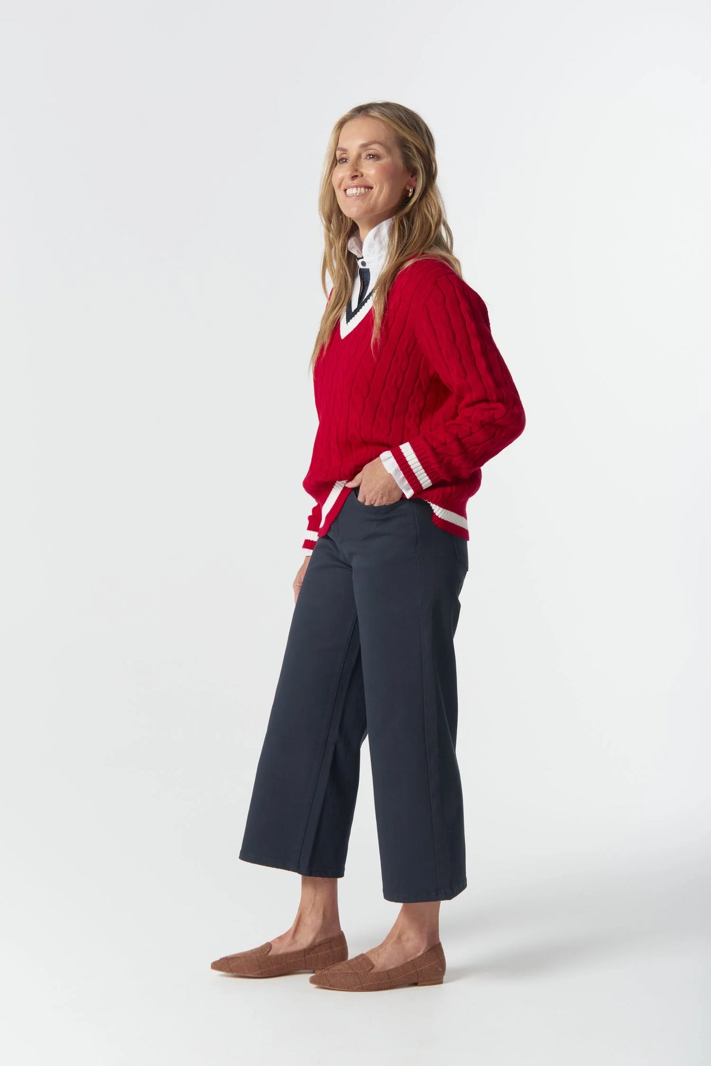 JUMPER HARVEST V NECK COTTON JUMPER - POINSETTIA/WHITE/NAVY