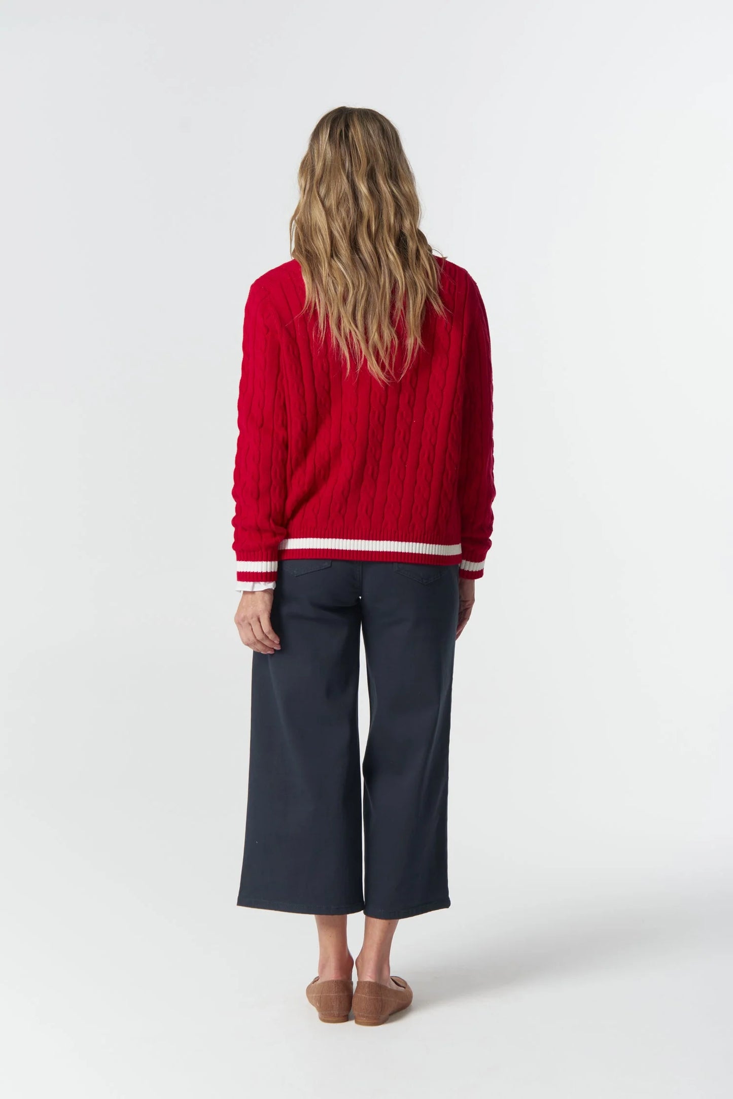 JUMPER HARVEST V NECK COTTON JUMPER - POINSETTIA/WHITE/NAVY