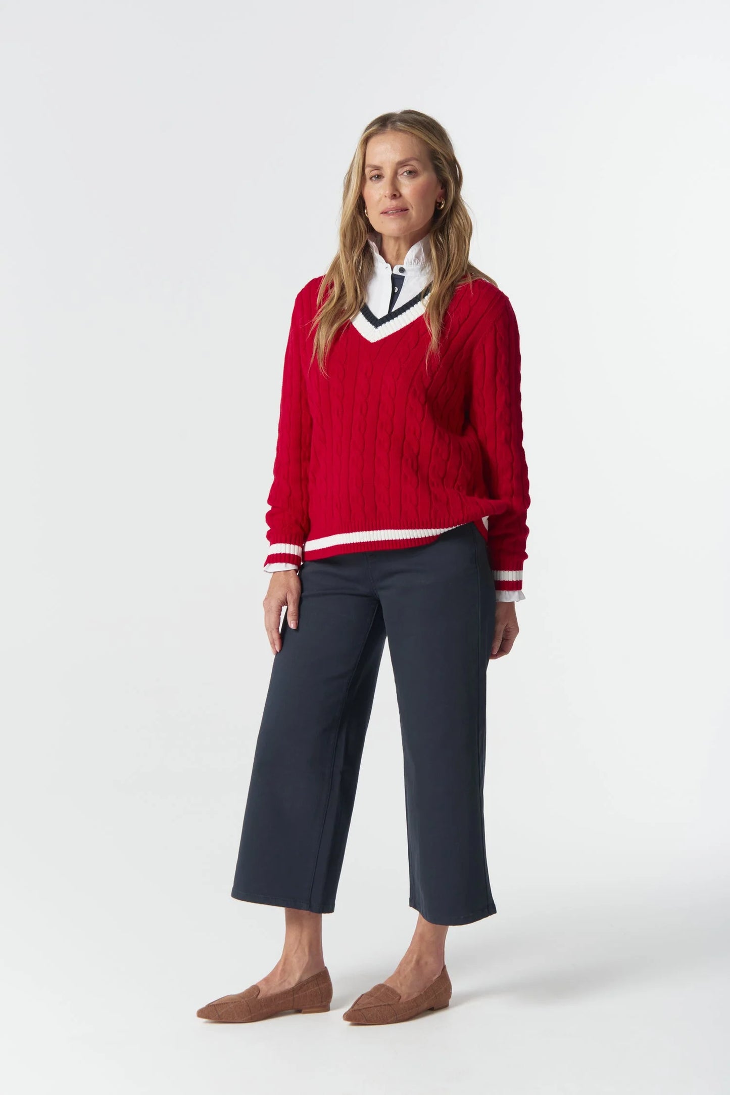 JUMPER HARVEST V NECK COTTON JUMPER - POINSETTIA/WHITE/NAVY