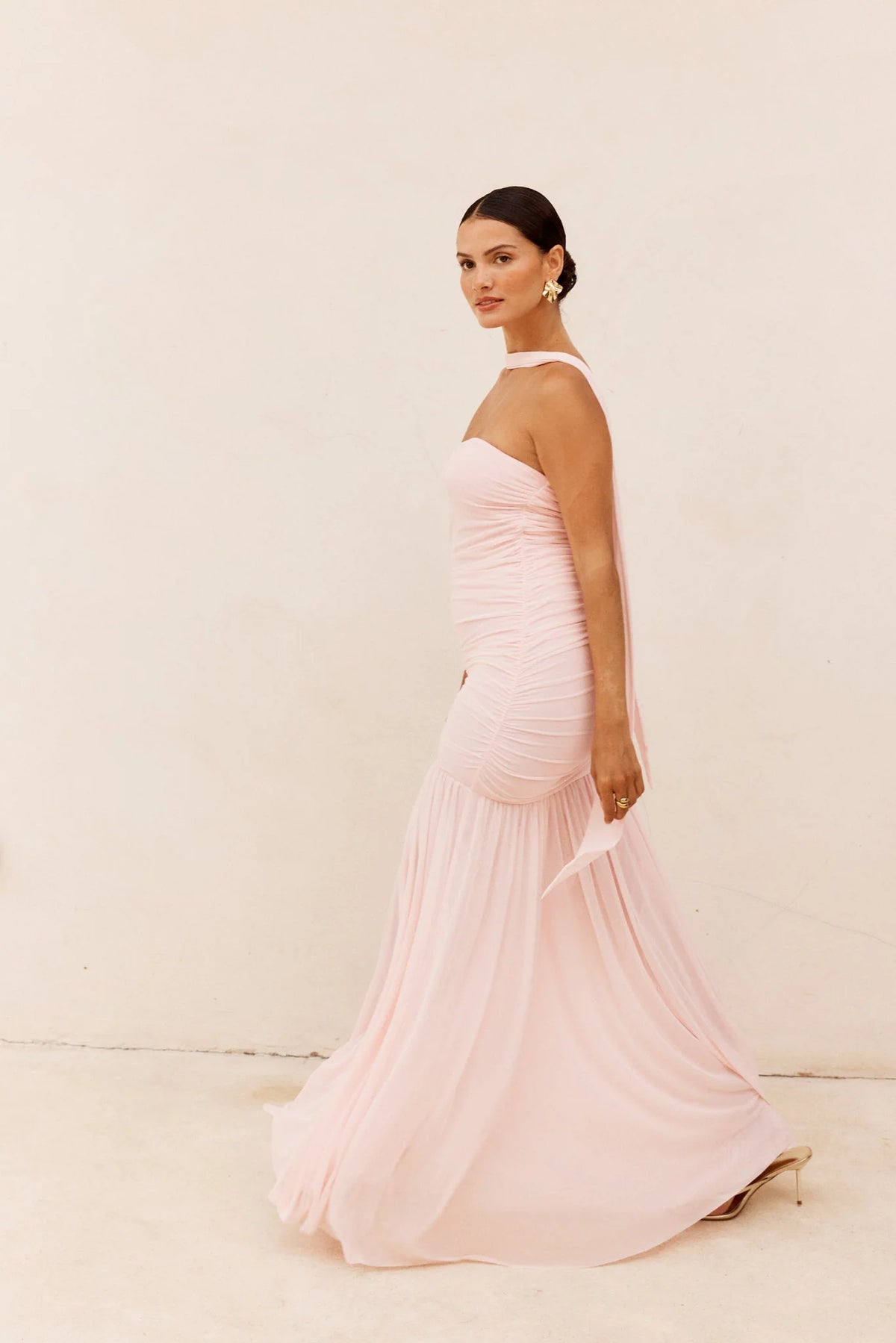 DRESS HAYLEY STRAPLESS MESH - PALE PINK