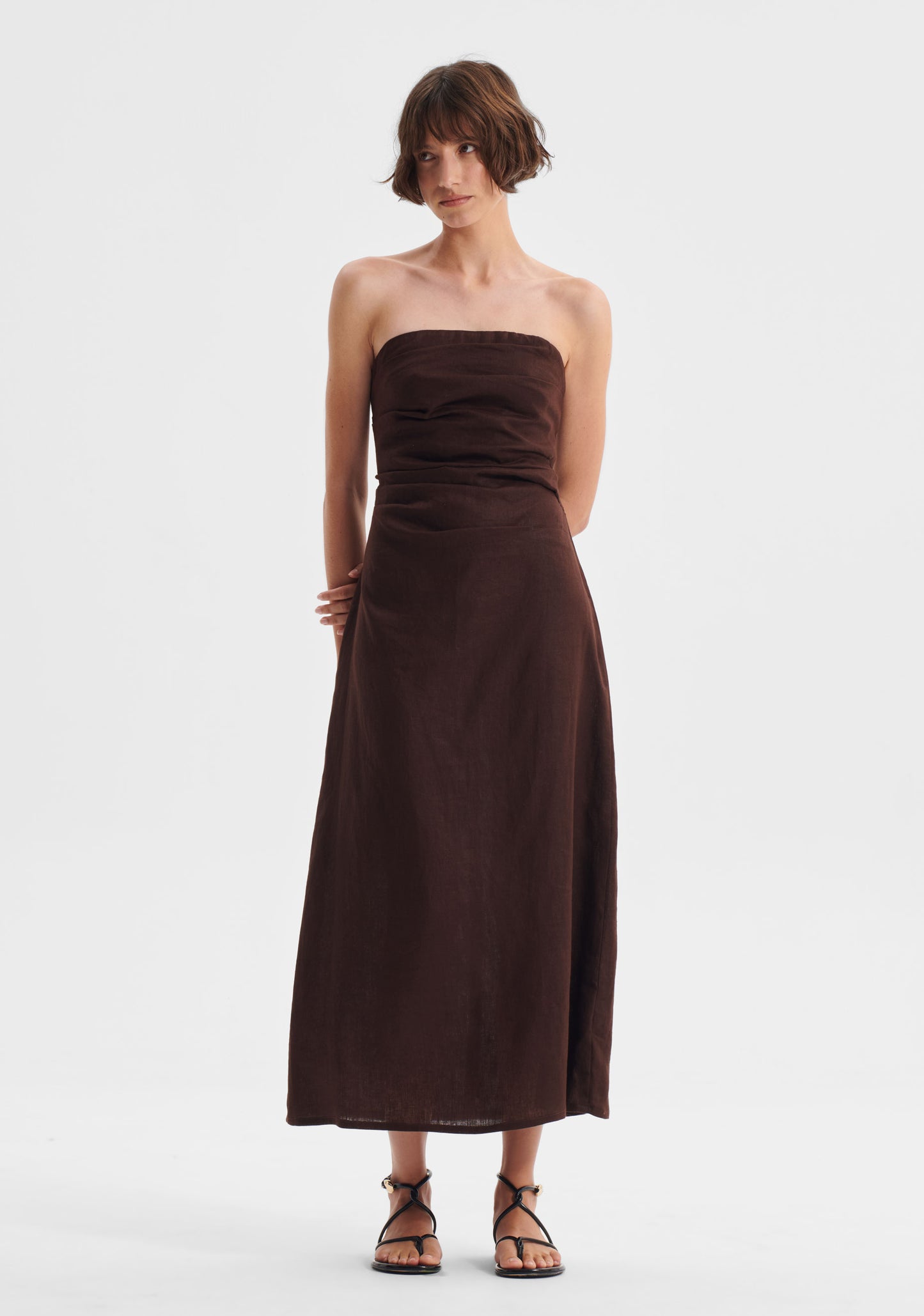 DRESS RIO LINEN STRAPLESS - CHOCOALTE