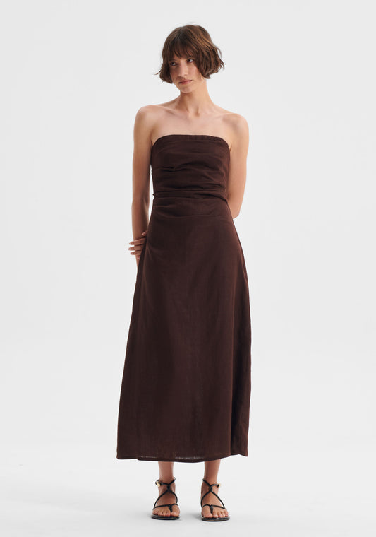 DRESS RIO LINEN STRAPLESS - CHOCOALTE