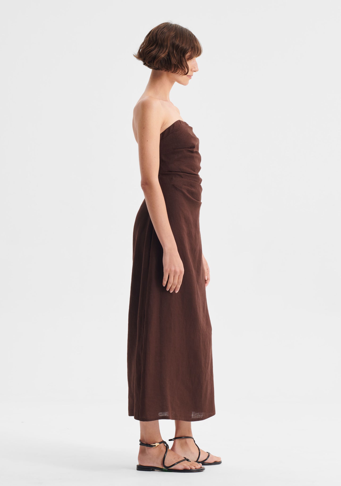 DRESS RIO LINEN STRAPLESS - CHOCOALTE