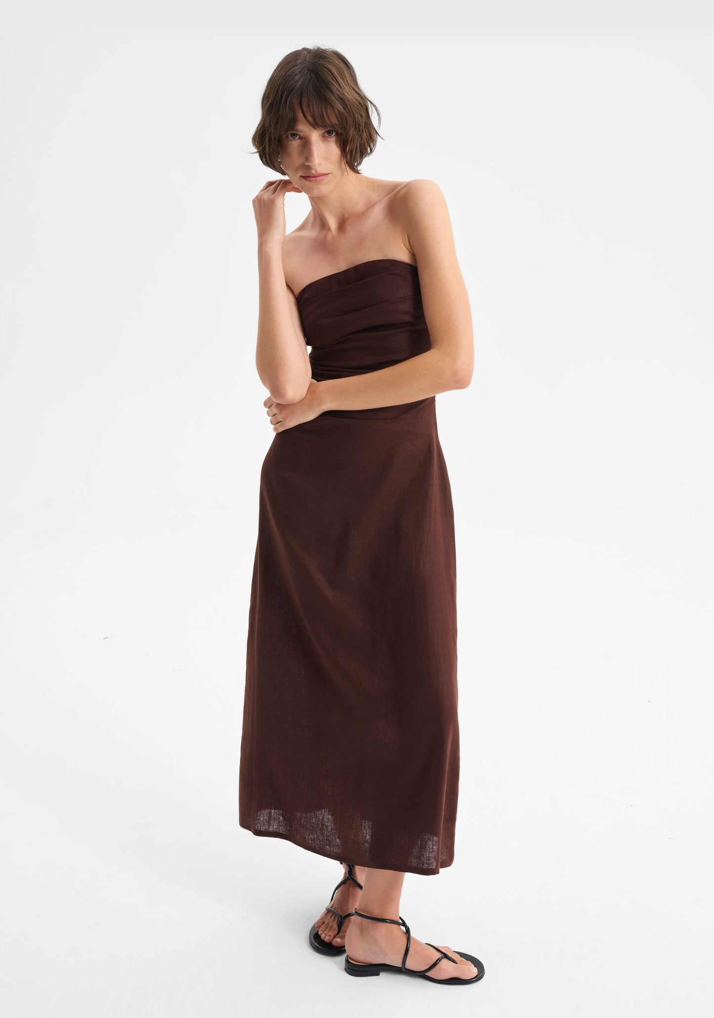 DRESS RIO LINEN STRAPLESS - CHOCOALTE