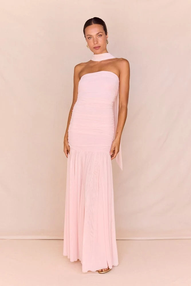DRESS HAYLEY STRAPLESS MESH - PALE PINK