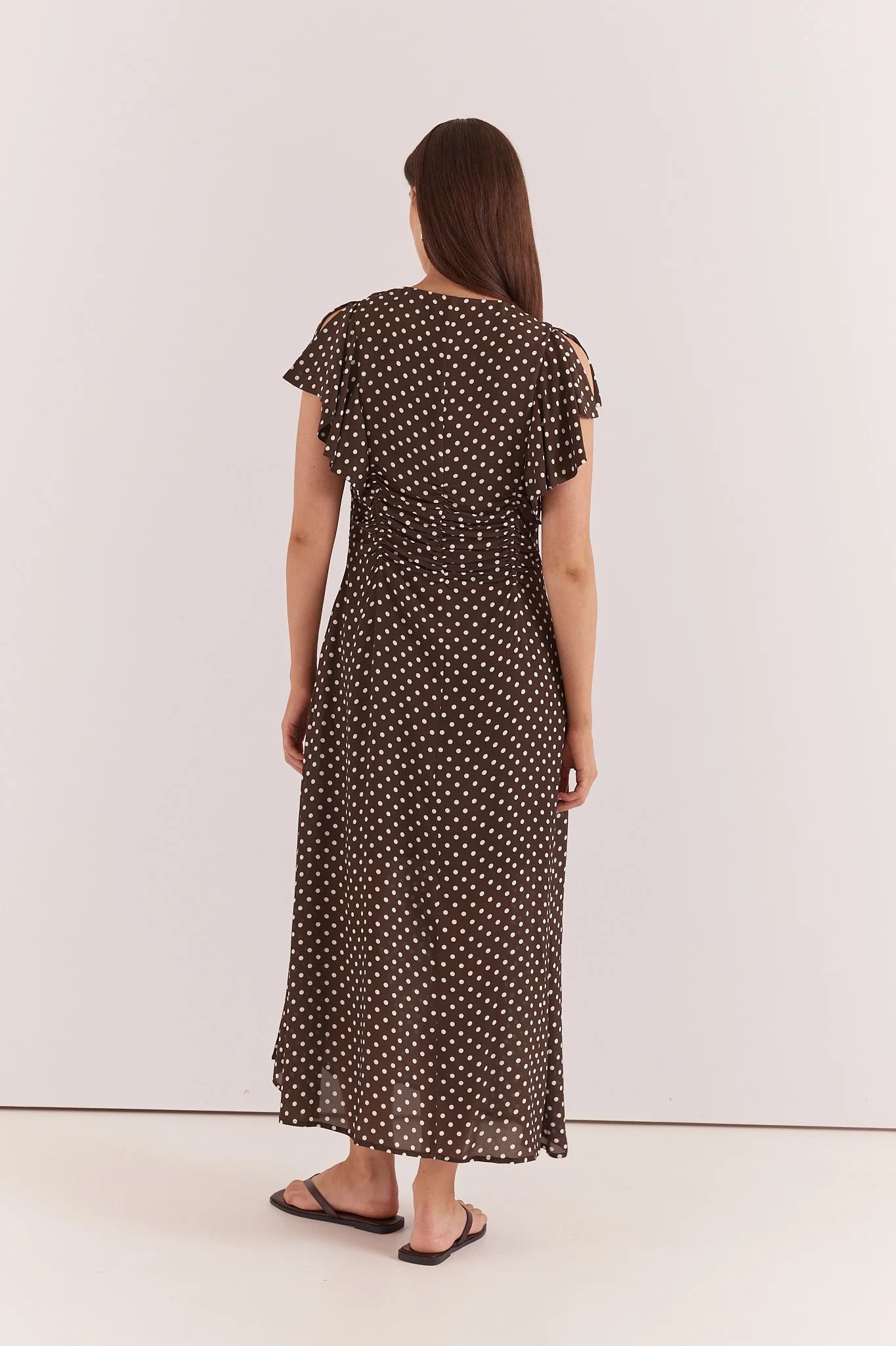 DRESS ELBA RUCHED WAIST - POLKA DOT BROWN