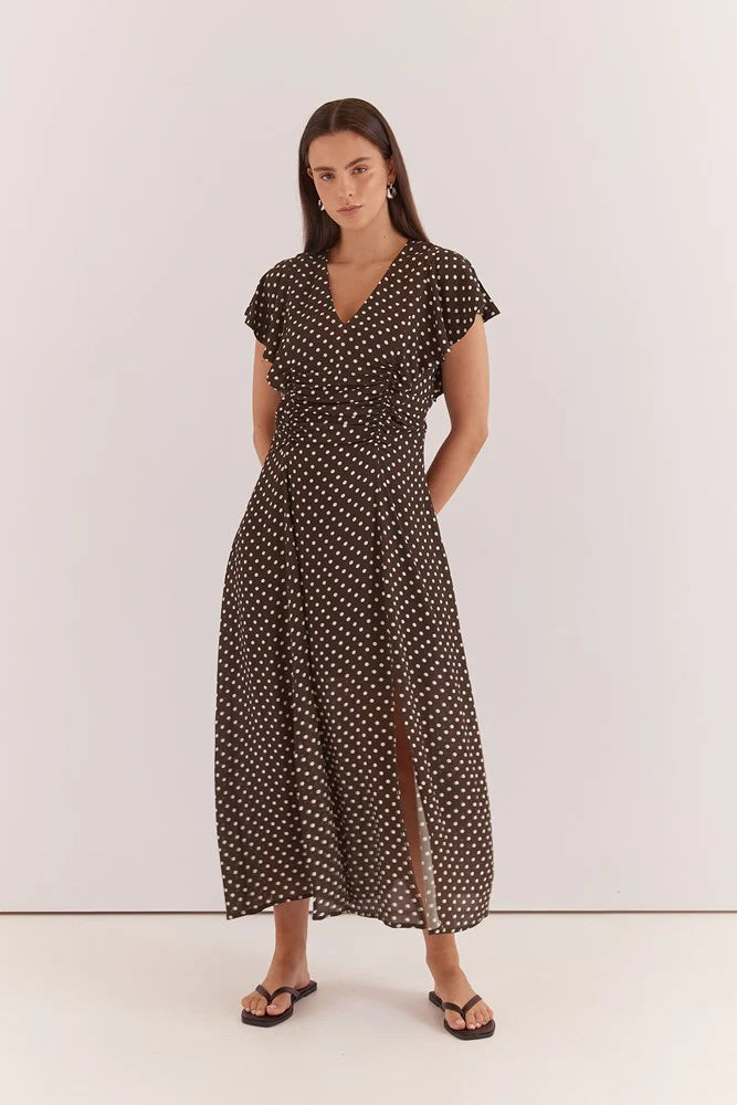 DRESS ELBA RUCHED WAIST - POLKA DOT BROWN