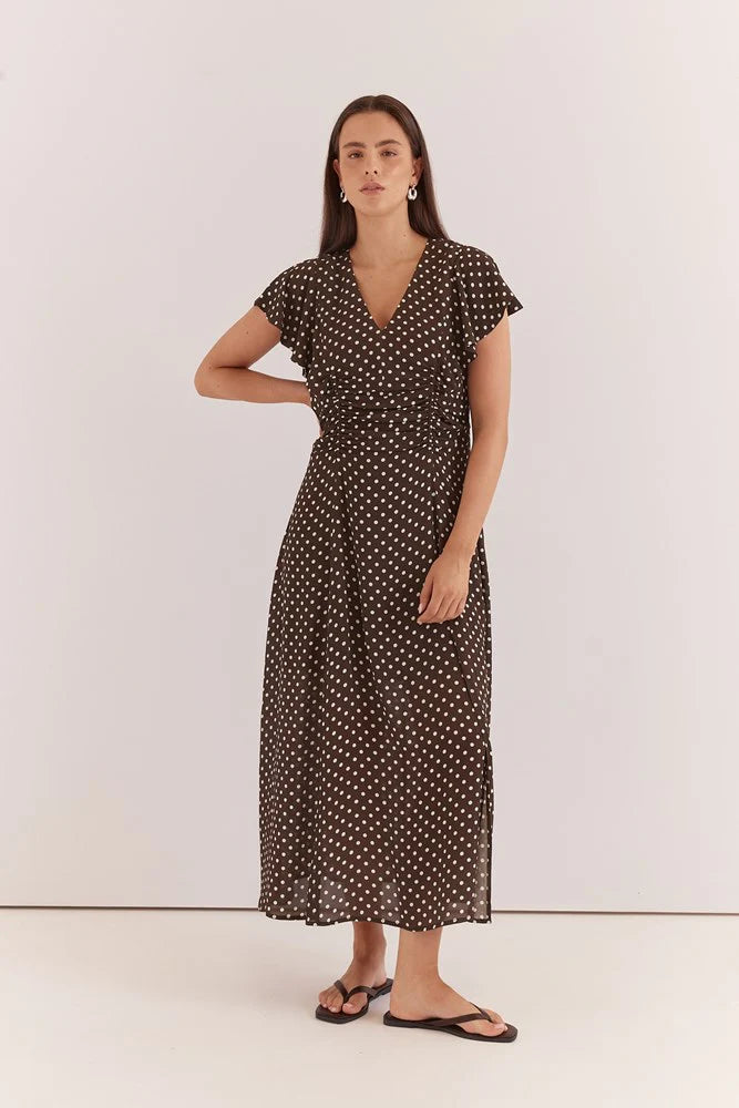 DRESS ELBA RUCHED WAIST - POLKA DOT BROWN