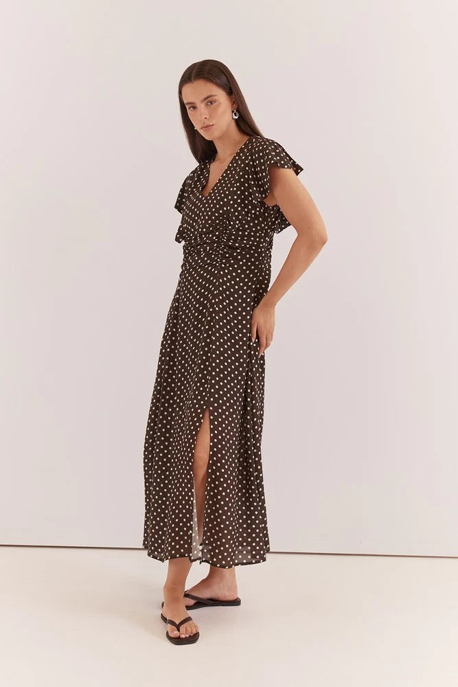 DRESS ELBA RUCHED WAIST - POLKA DOT BROWN