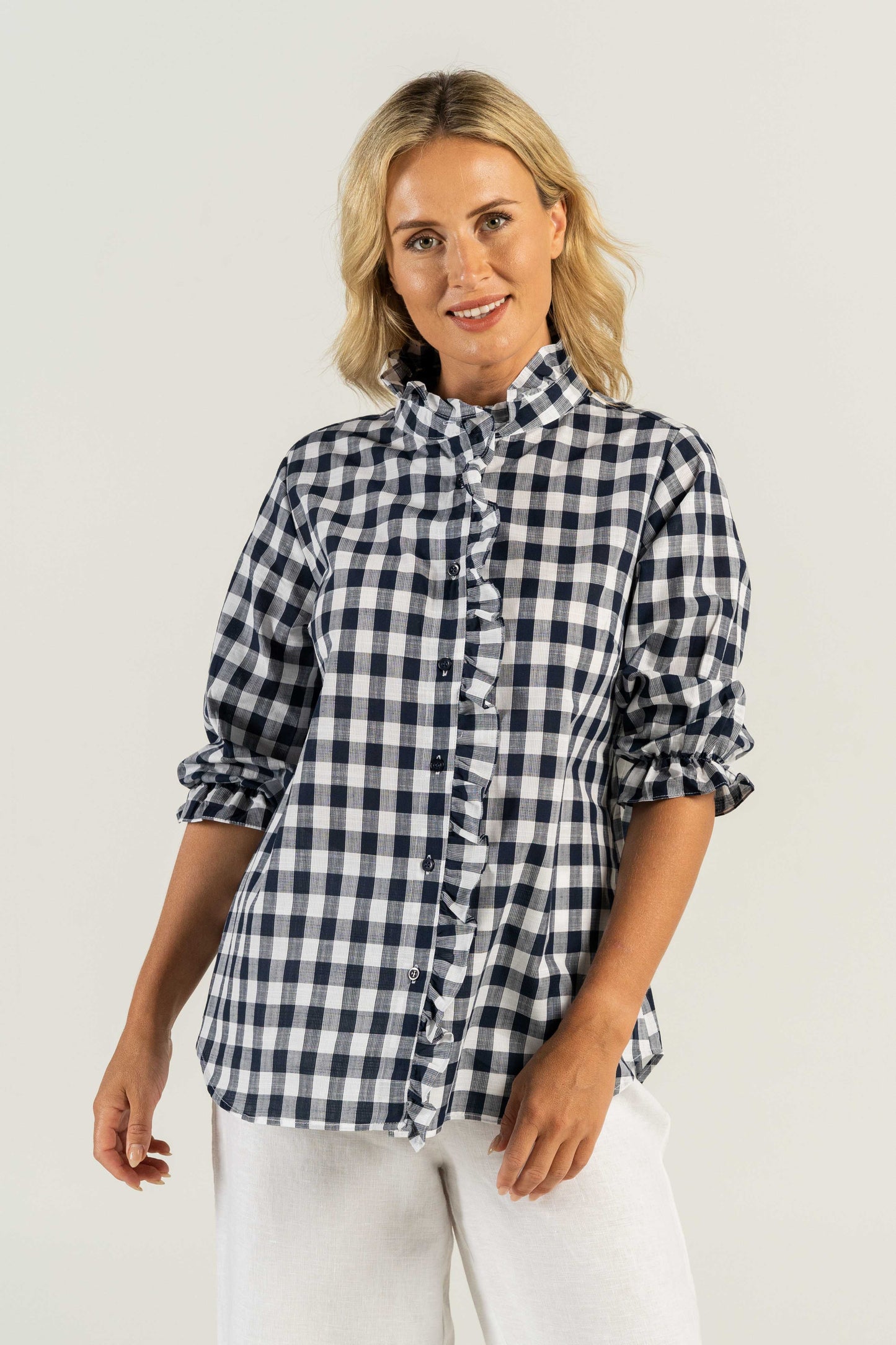 SHIRT COTTON 3/4 SLEEVE RUFFLE