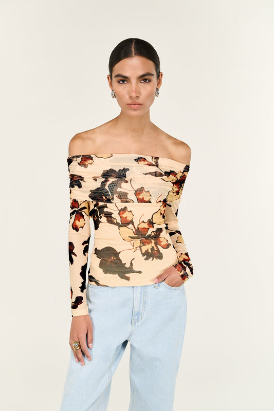 TOP ROMY OFF SHOULDER MESH - ABSTRACT FLORAL