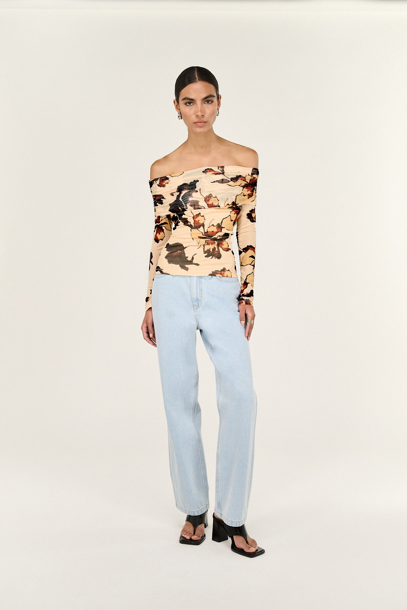 TOP ROMY OFF SHOULDER MESH - ABSTRACT FLORAL