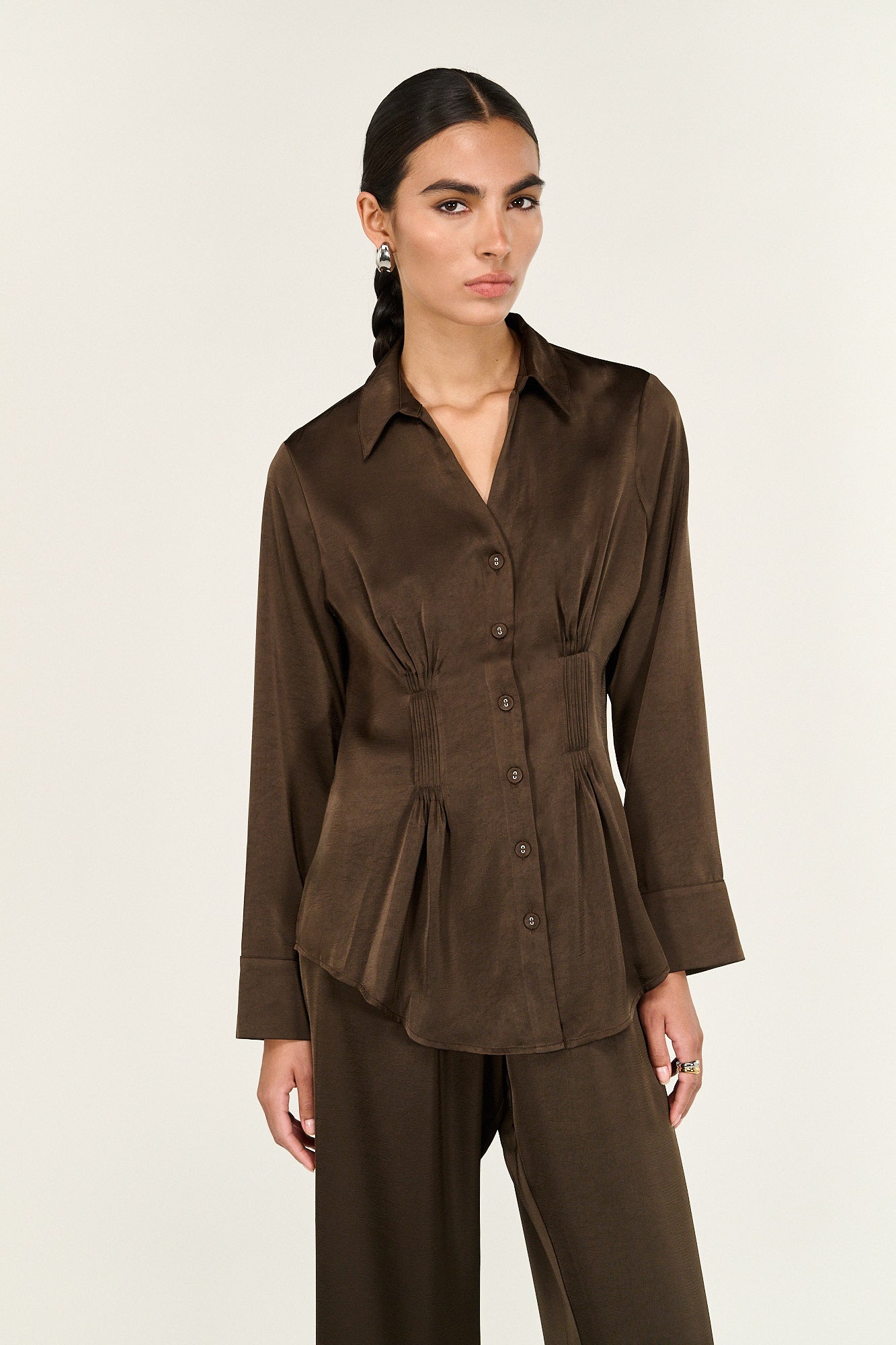 SHIRT SOLACE PINTUCK CINCHED WAIST - CHOCOLATE