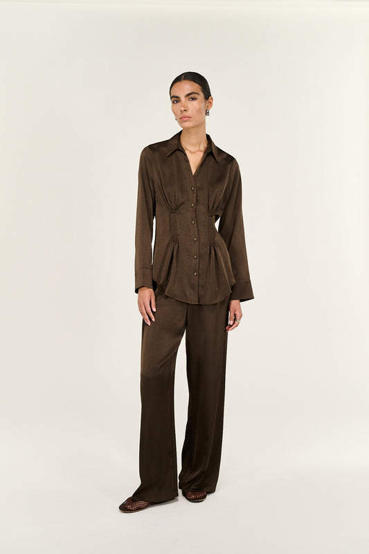 SHIRT SOLACE PINTUCK CINCHED WAIST - CHOCOLATE