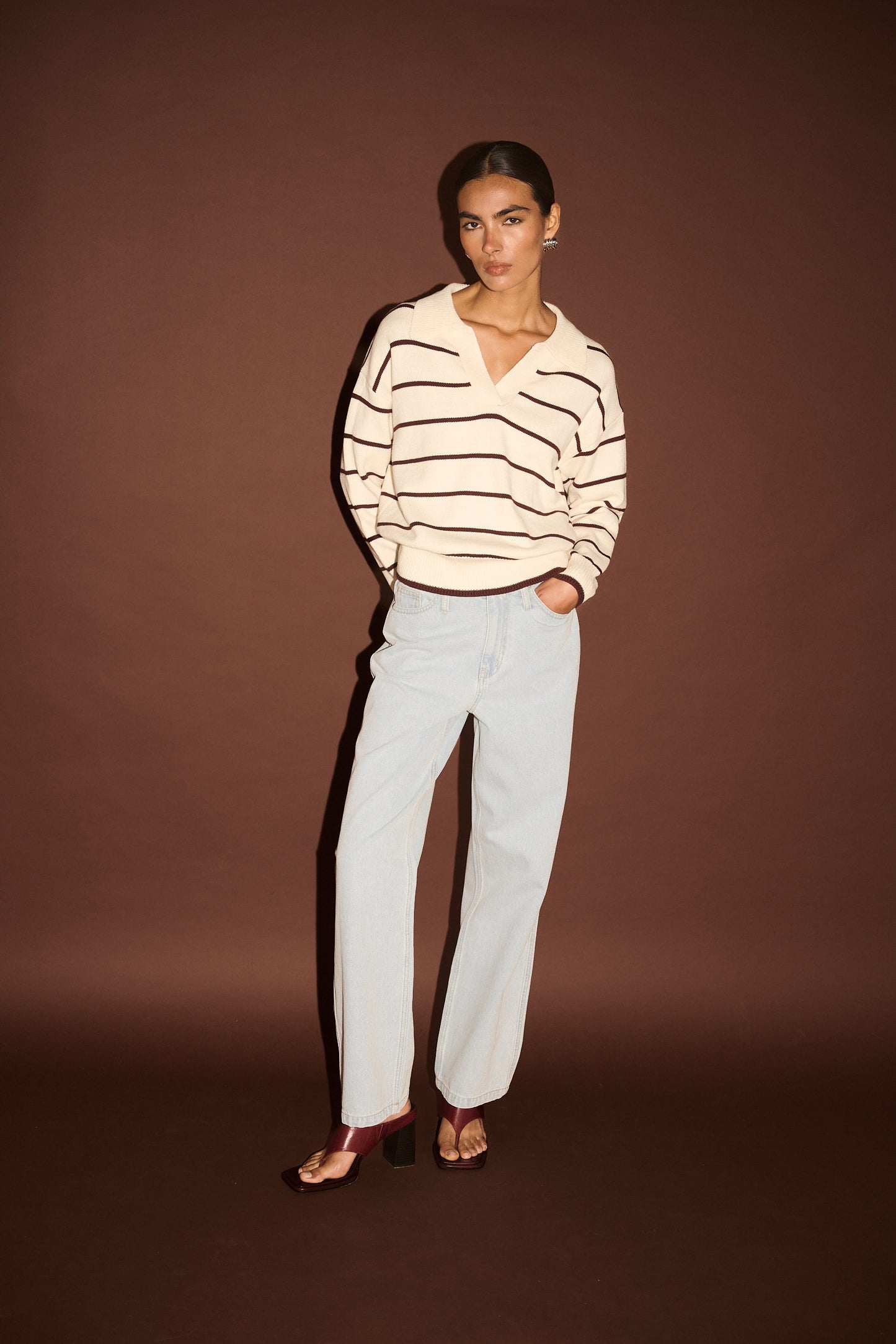 JUMPER ELARA POLO - CREAM/CHOCOLATE