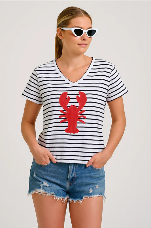 TEE V-NECK APPLIQUE LOBSTER - NAVY STRIPE/RED - last one, size XS!