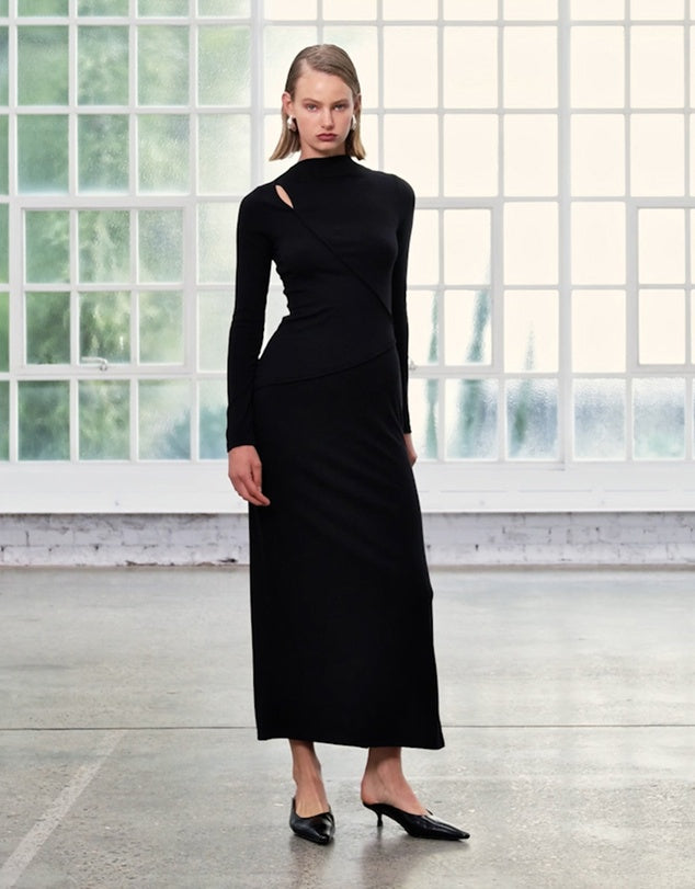 DRESS ALEXI ASYMMETRIC SEAM DETAIL MIDI - BLACK