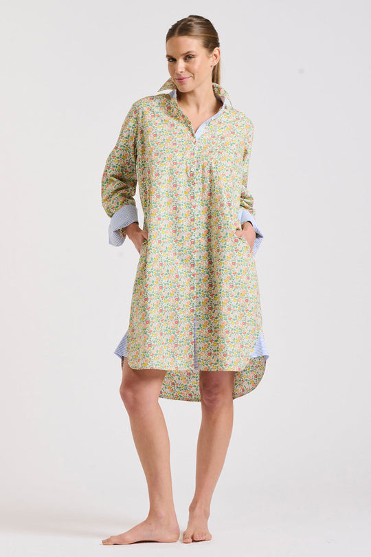 DRESS CLASSIC SHIRTDRESS - FLORAL/BLUE STRIPE TRIM