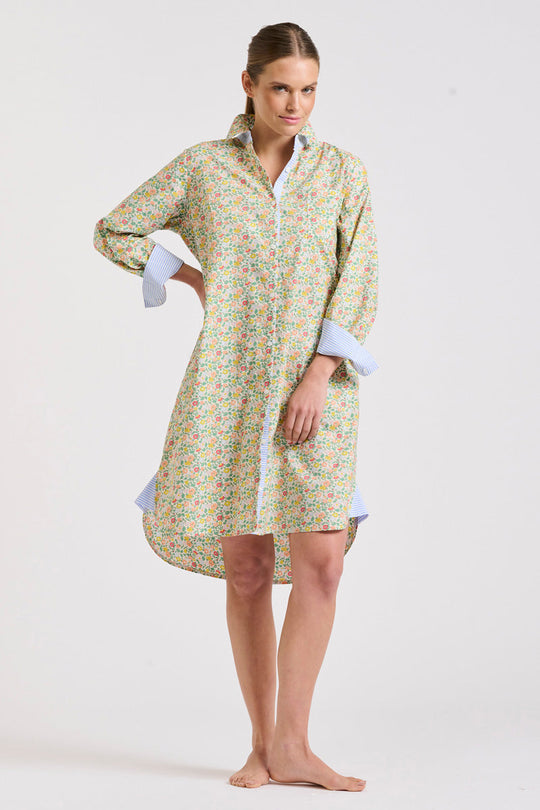 DRESS CLASSIC SHIRTDRESS - FLORAL/BLUE STRIPE TRIM
