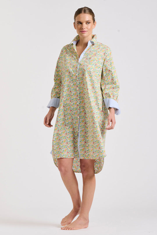 DRESS CLASSIC SHIRTDRESS - FLORAL/BLUE STRIPE TRIM