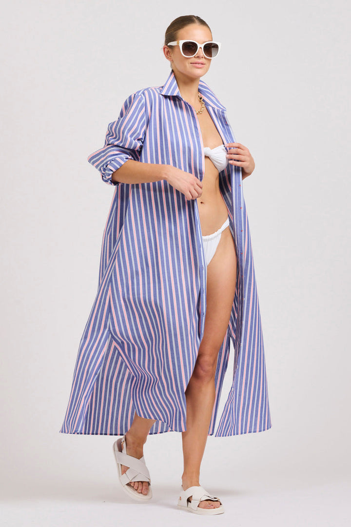 DRESS LUNA OVERSIZED LINEN - CHAMBRAY PINK STRIPE