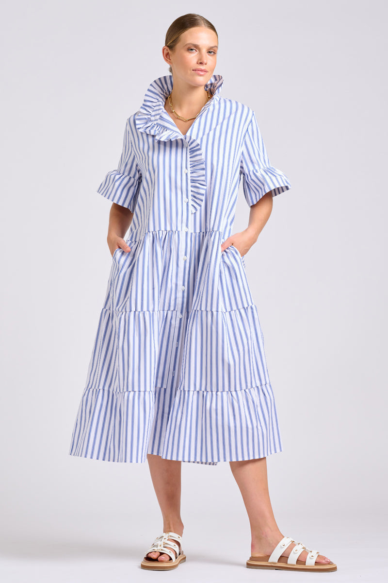 DRESS MOLLY OVERSIZED SHIRTDRESS -WHITE WITH AZURE TICKING