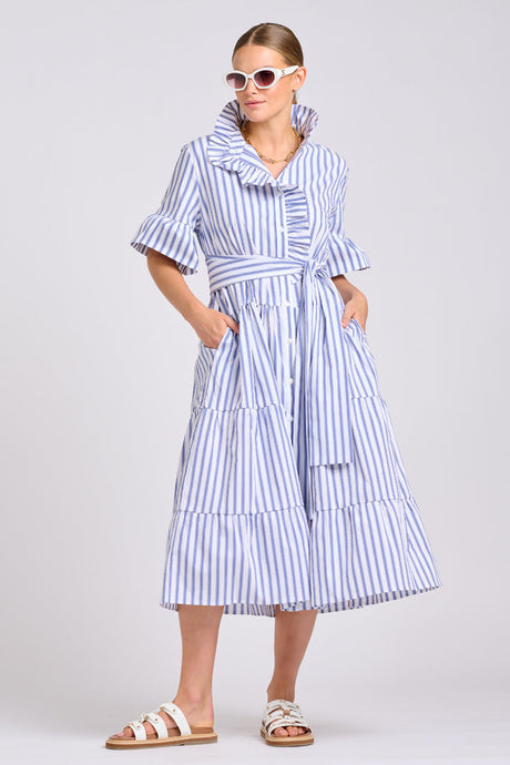 DRESS MOLLY OVERSIZED SHIRTDRESS -WHITE WITH AZURE TICKING