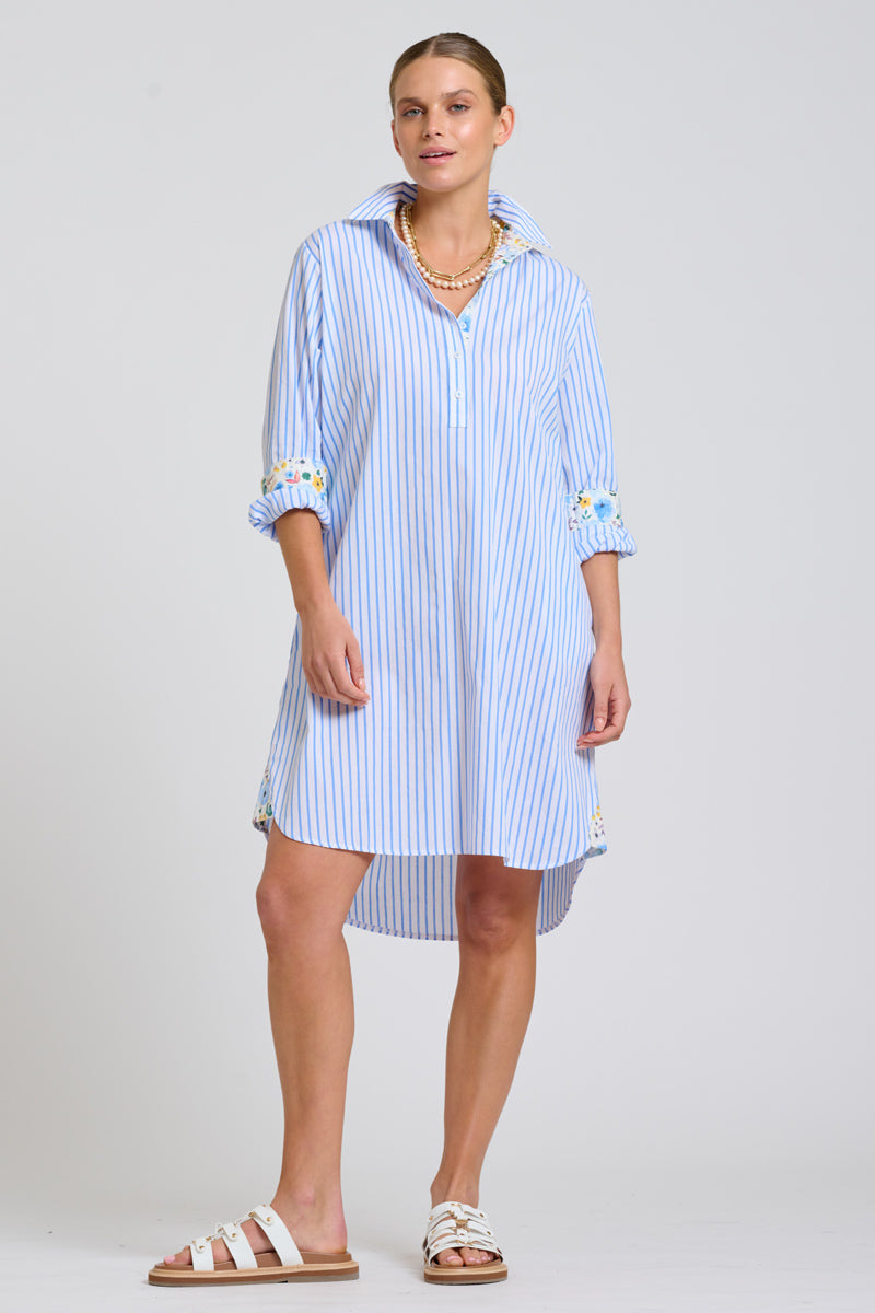 DRESS POPOVER SHIRTDRESS - WHITE & BLUE STIPE W/FLORAL TRIM