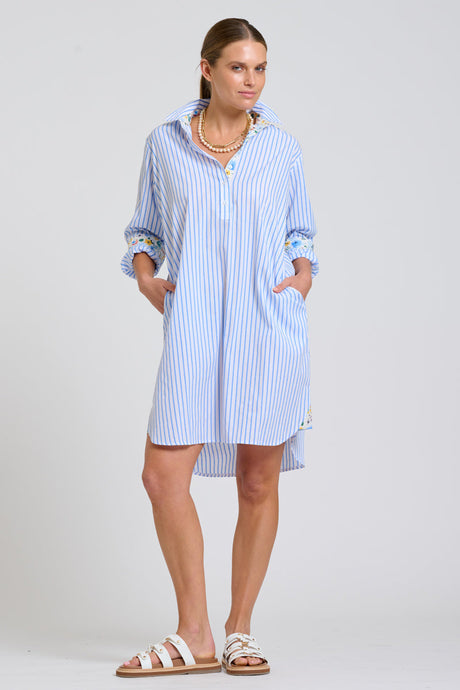 DRESS POPOVER SHIRTDRESS - WHITE & BLUE STIPE W/FLORAL TRIM
