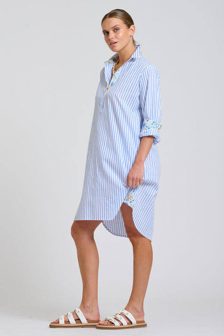 DRESS POPOVER SHIRTDRESS - WHITE & BLUE STIPE W/FLORAL TRIM