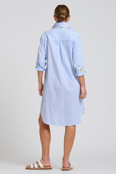 DRESS POPOVER SHIRTDRESS - WHITE & BLUE STIPE W/FLORAL TRIM