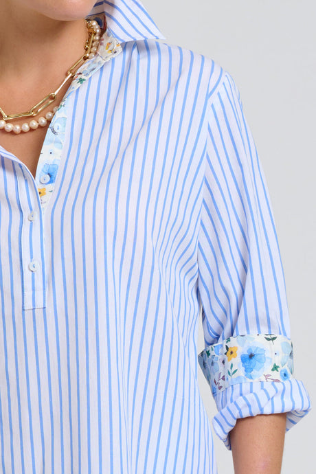 DRESS POPOVER SHIRTDRESS - WHITE & BLUE STIPE W/FLORAL TRIM