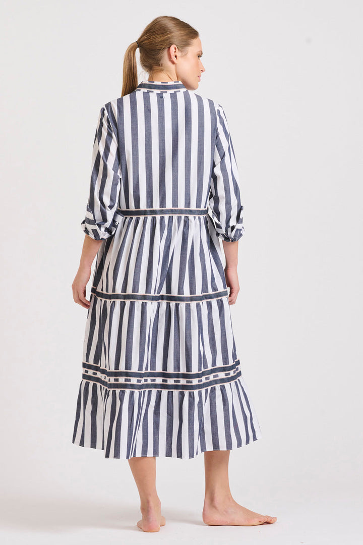 DRESS SANDY TIERED - NAVY WIDE STRIPE