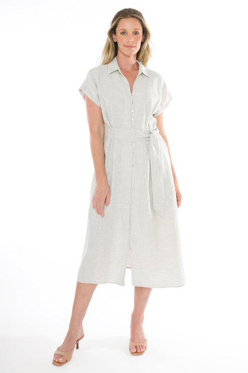 DRESS SHORT SLEEVED BELTED LINEN