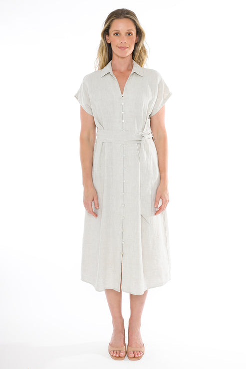 DRESS SHORT SLEEVED BELTED LINEN