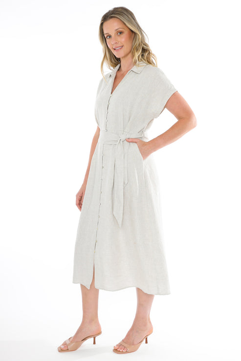 DRESS SHORT SLEEVED BELTED LINEN