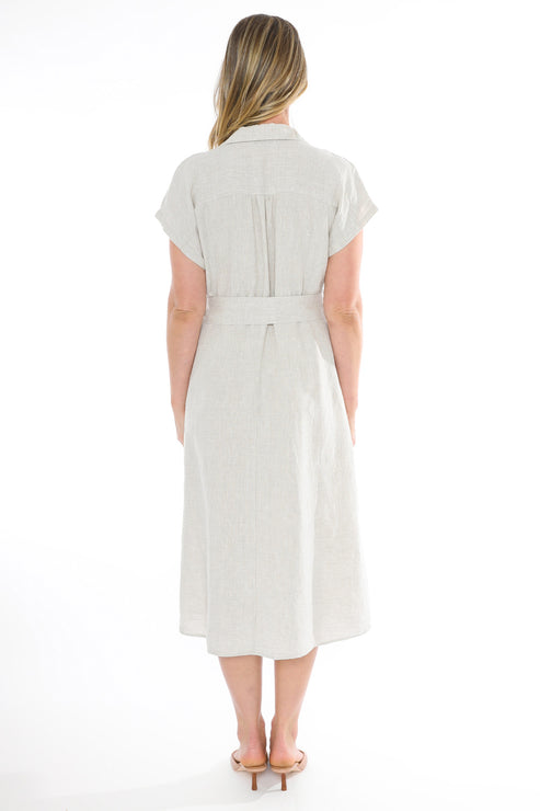 DRESS SHORT SLEEVED BELTED LINEN