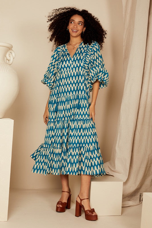 DRESS BOHO MIDI BLUE WAVE