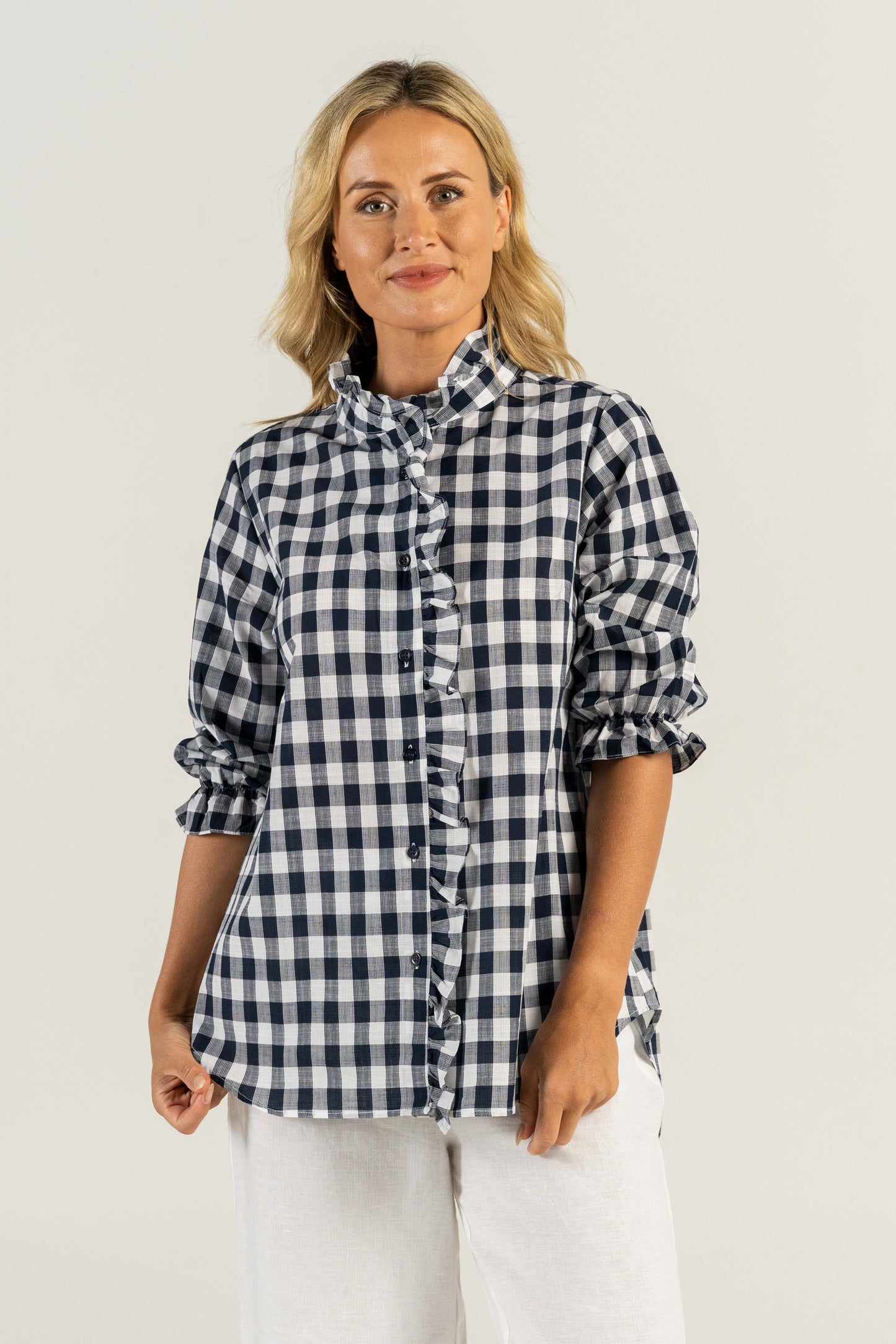 SHIRT COTTON 3/4 SLEEVE RUFFLE